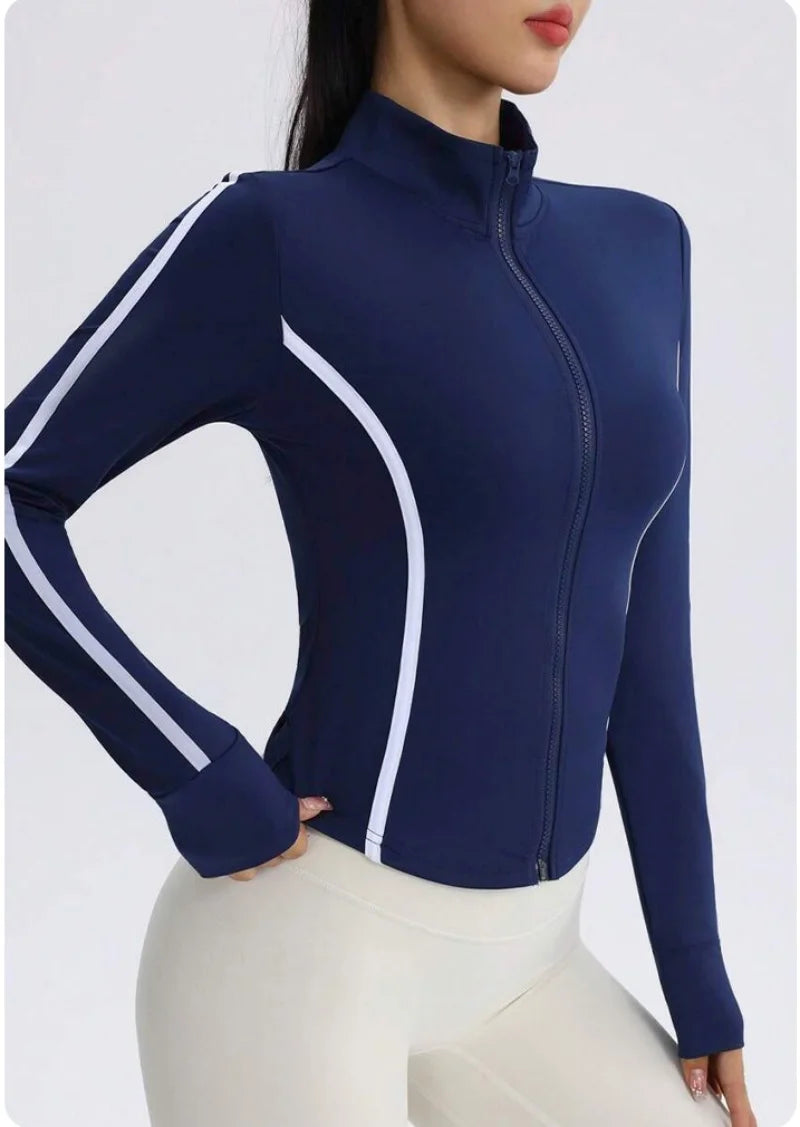 Chaqueta de yoga azul marino para mujer con costuras en c...