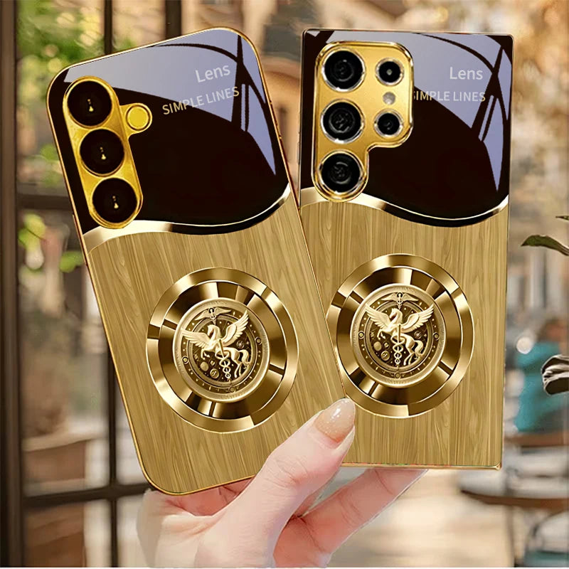 Golden phone case with retro metallic insignia, designed for stylish protection of mobile devices.