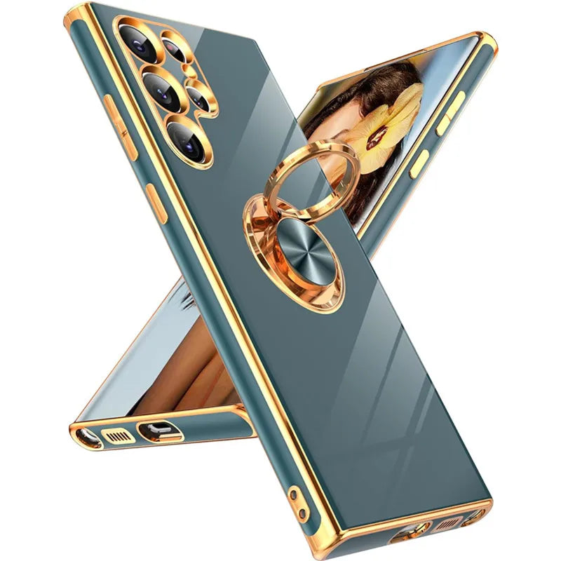 Silicone gold-plated phone case for Samsung Galaxy S22, S23, S24, featuring a sleek gold finish and precise cutouts.