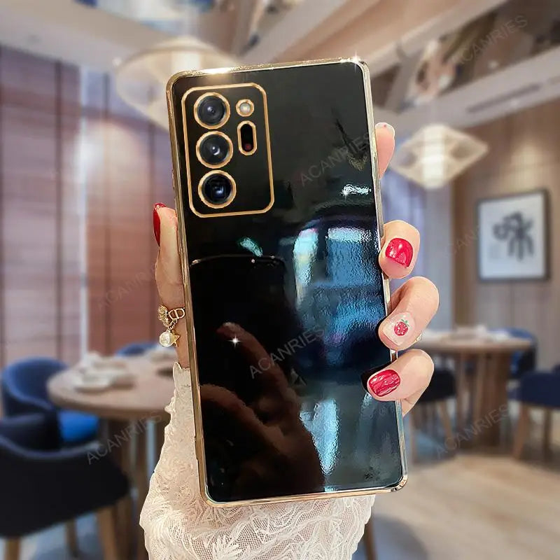 Samsung Note20, Note10, Note9 phone case with ring stand, gold-plated finish, providing protection and a convenient grip.