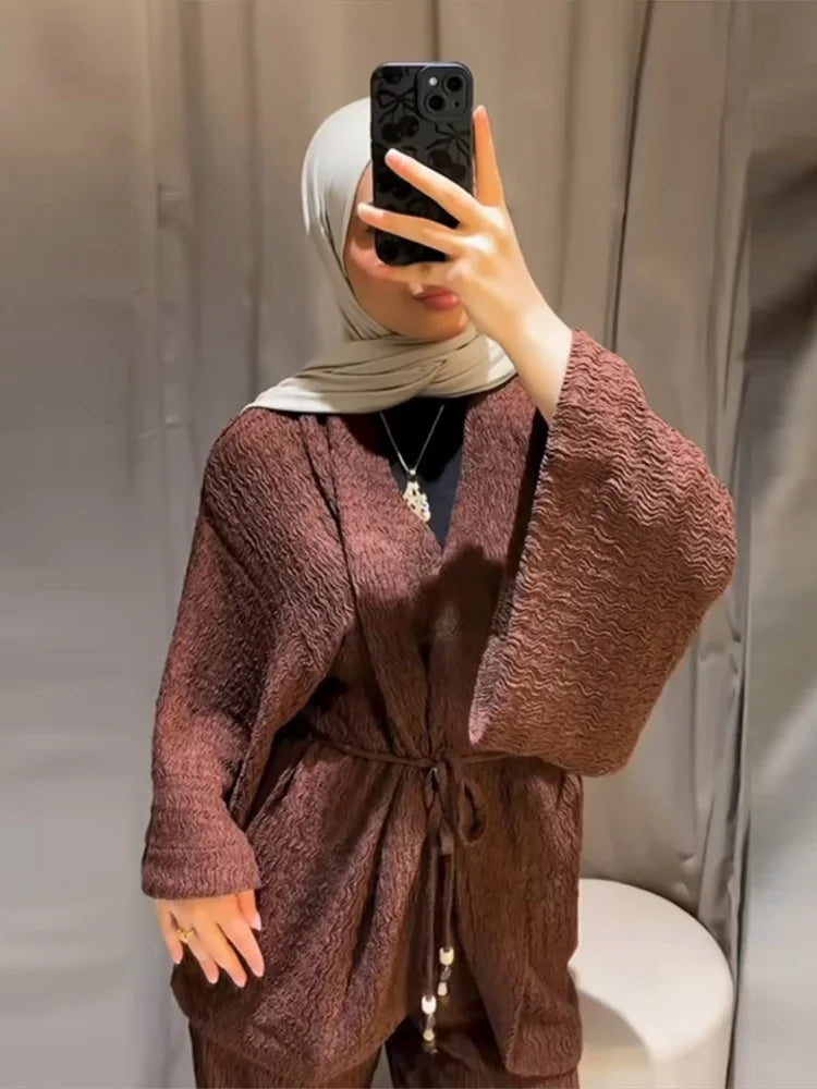 Conjunto Casual Mujer V-Neck Manga Ancha Lazo Pantalón Holgado