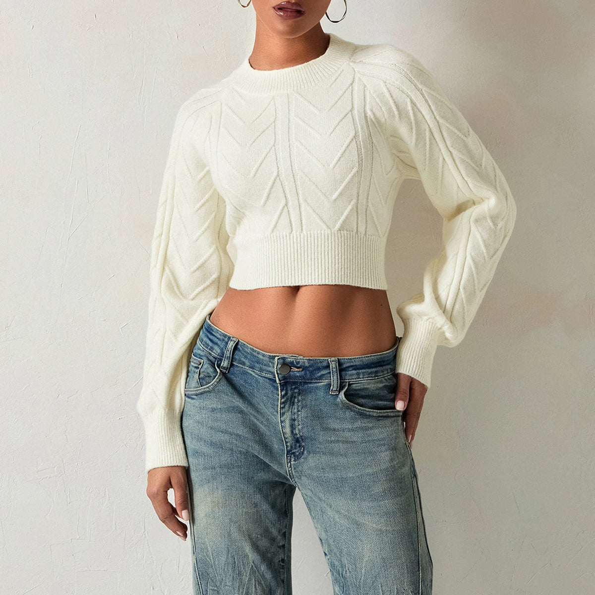 Suéter de punto con Cable para mujer, Tops cortos de mang...