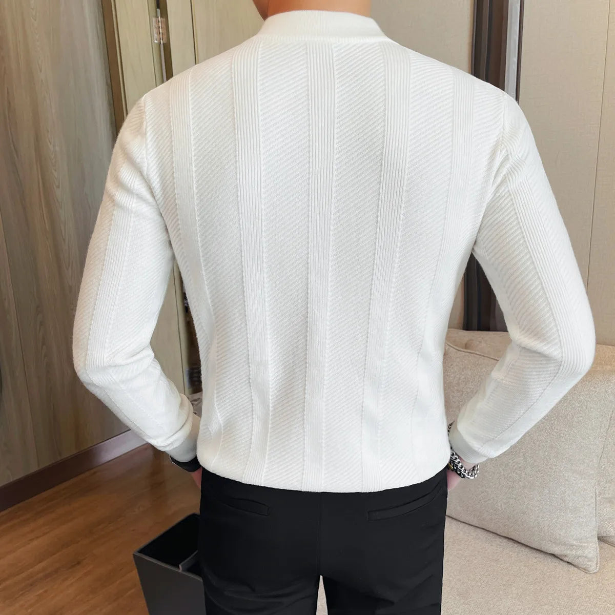 Suéter de Hombre Otoño Invierno Cremallera Cuello Alto Tejido Elástico Cálido