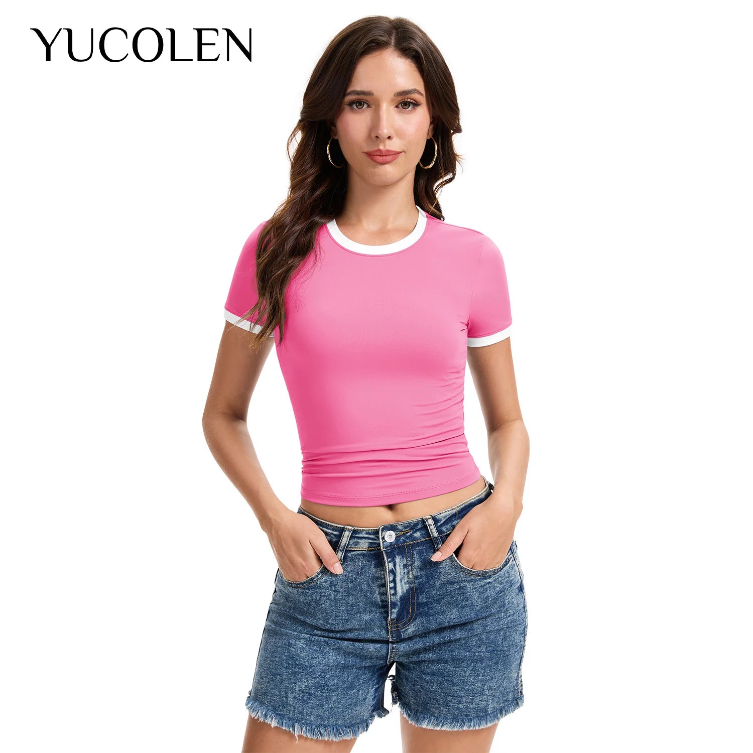 YUCOLEN Camiseta Corta Y2K para Mujer, Cuello Redondo, Ma...