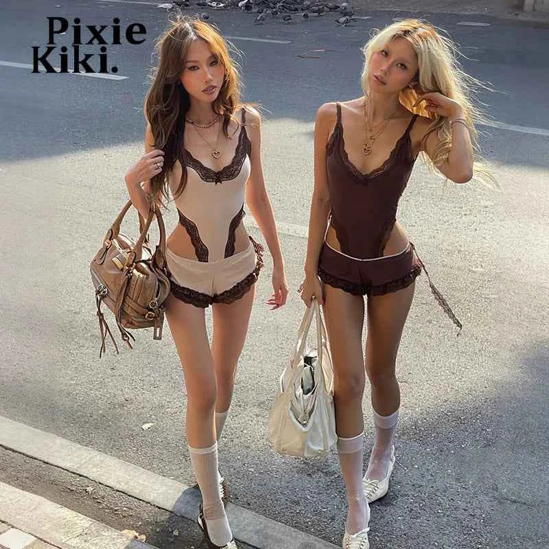Conjunto PixieKiki Mujer: Body Encaje y Shorts Verano 2026 (Marrón)