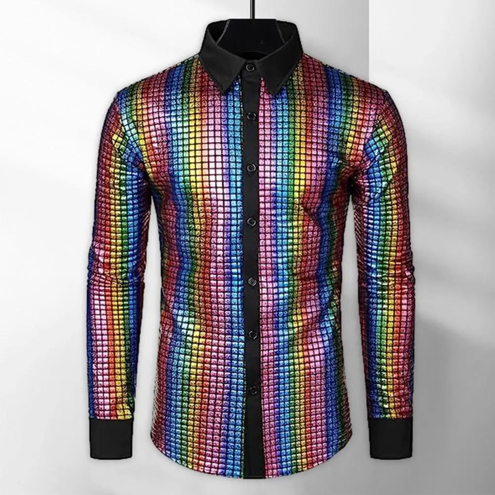 Men's disco shirt with a stand-up collar by Corporación Turística, featuring shiny fabric and a stylish, eye-catching design.