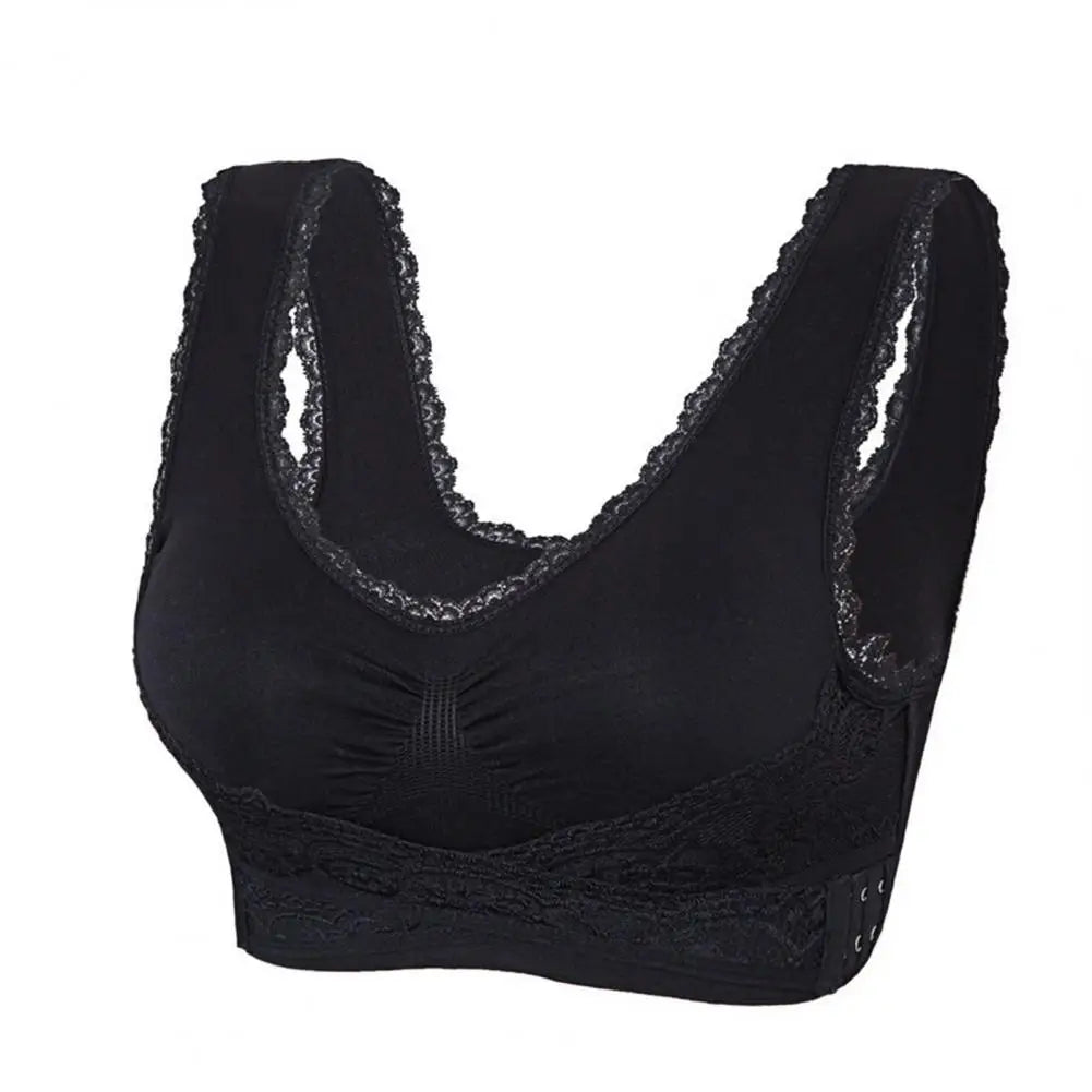Sports bra without underwire from Corporación Turística featuring lift, support, and a side buckle, shown on a model.