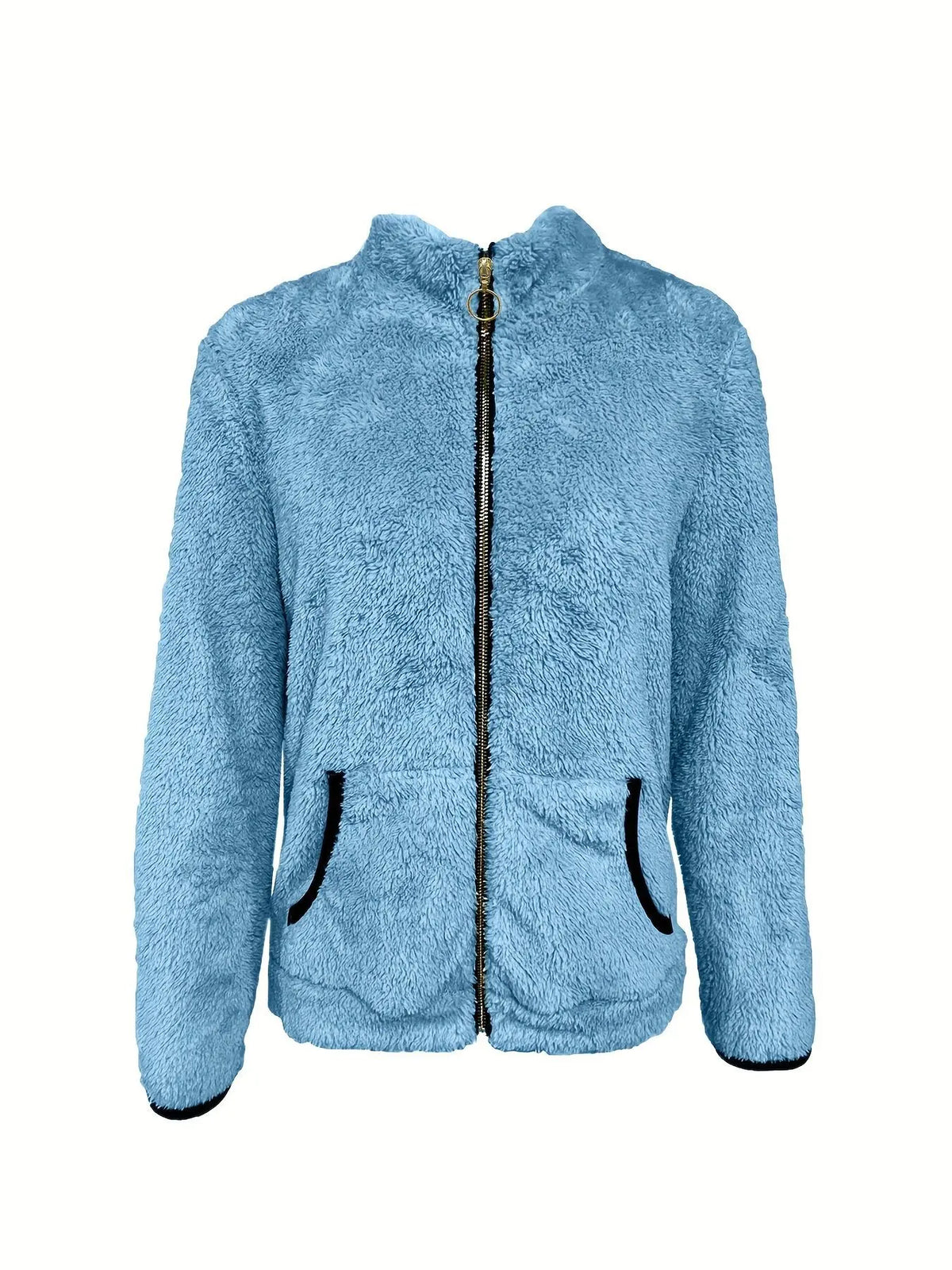 Mujer usando chaqueta de forro polar con cierre completo en color oscuro, ideal para clima frío, de la marca Corporación Turística.