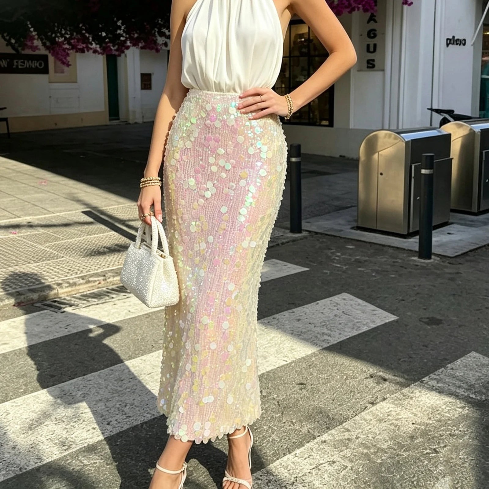 Falda Larga de Lentejuelas para Mujer, Elegante, de Cintu...