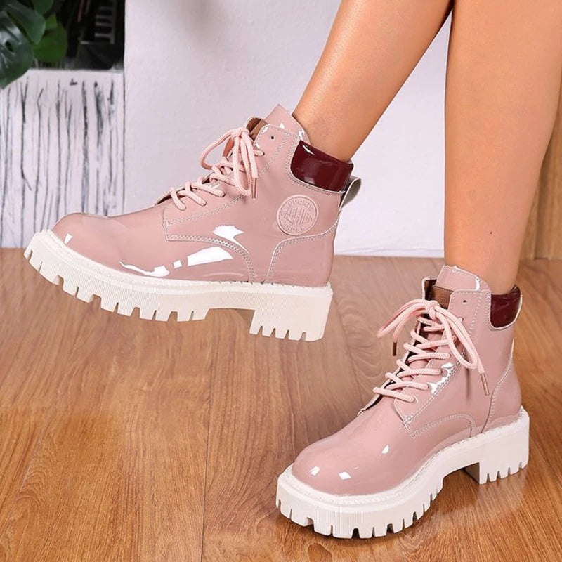 Botas de charol con cordones para mujer, botas de punta r...