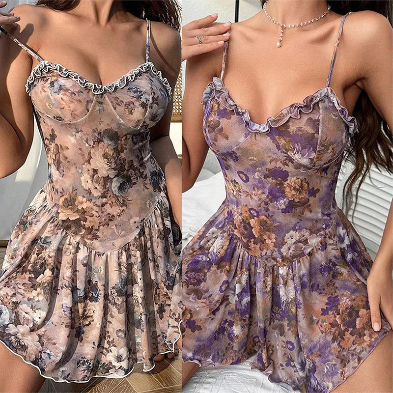 Camisón camisola floral mini falda con encaje sexy camisa...