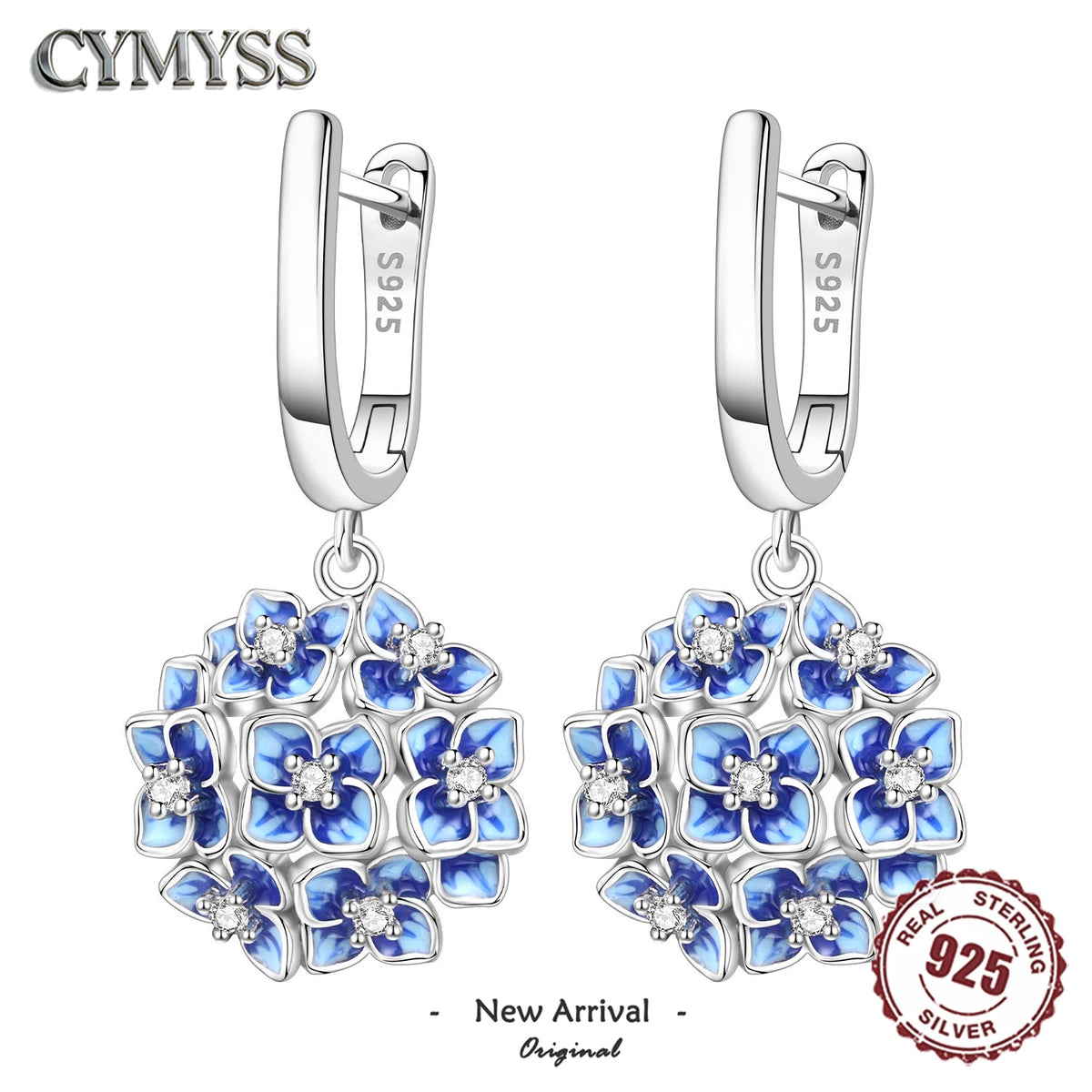 Pendientes de Plata de Ley 925 con Flor de Hortensia Azul...