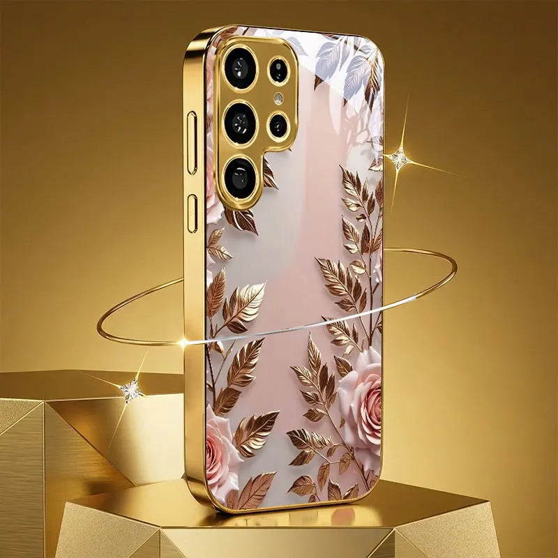 Galvanized glass phone case with floral pattern for Samsung Galaxy S model, featuring vibrant design and protective material.