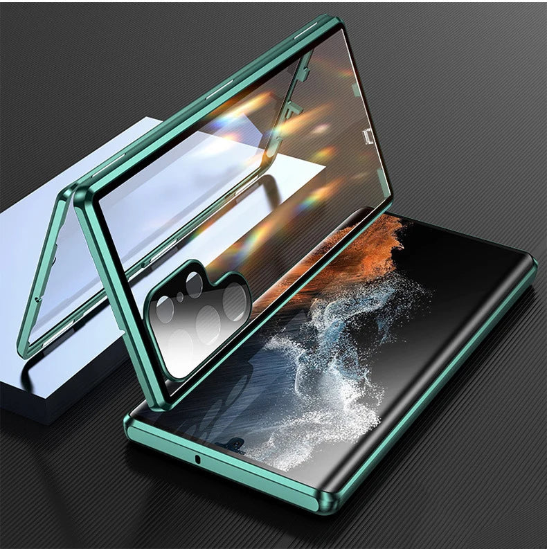 Magnetic metal phone case for Samsung S26, S25, S23, S24 by Corporación Turística, showing the sleek black design and magnetic closure.