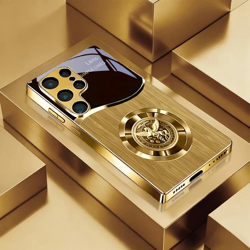 Golden phone case with retro metallic insignia, designed for stylish protection of mobile phones by Corporación Turística.