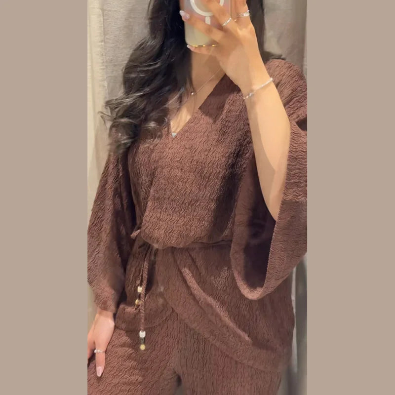 Conjunto Casual Mujer V-Neck Manga Ancha Lazo Pantalón Holgado
