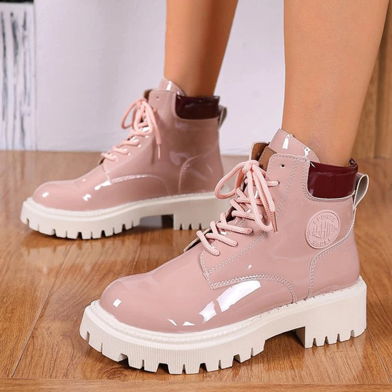 Botas de charol con cordones para mujer, botas de punta r...