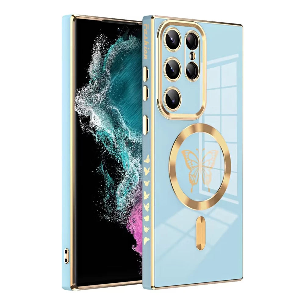 Magnetic electroplated butterfly phone case for Samsung S series by Corporación Turística, featuring a stylish butterfly design.