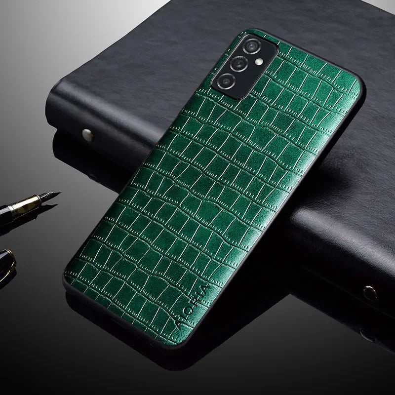 Black PU leather phone case with 3D textured, matte finish, soft feel, and anti-shock design by Corporación Turística.