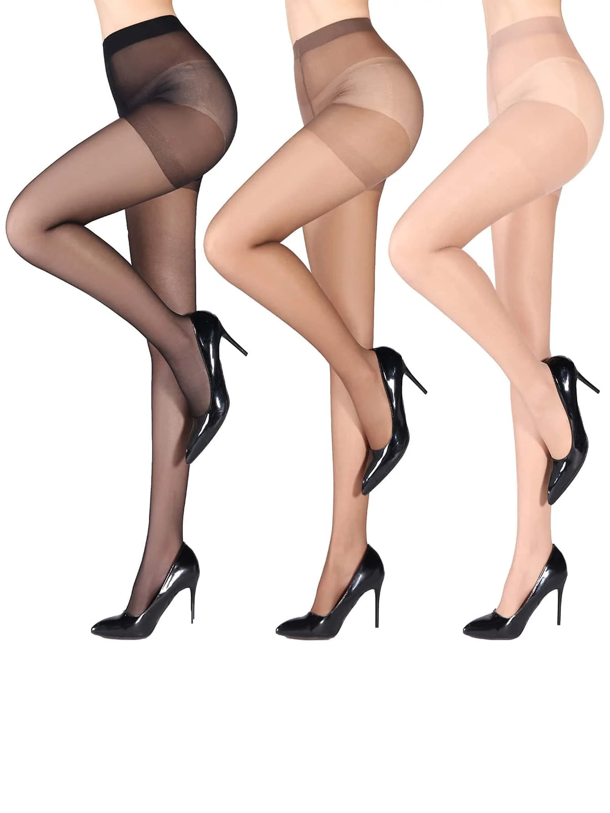 Three pairs of women's nylon pantyhose from Corporación Turística, showing sheer, ultra-soft tights with smooth finish.