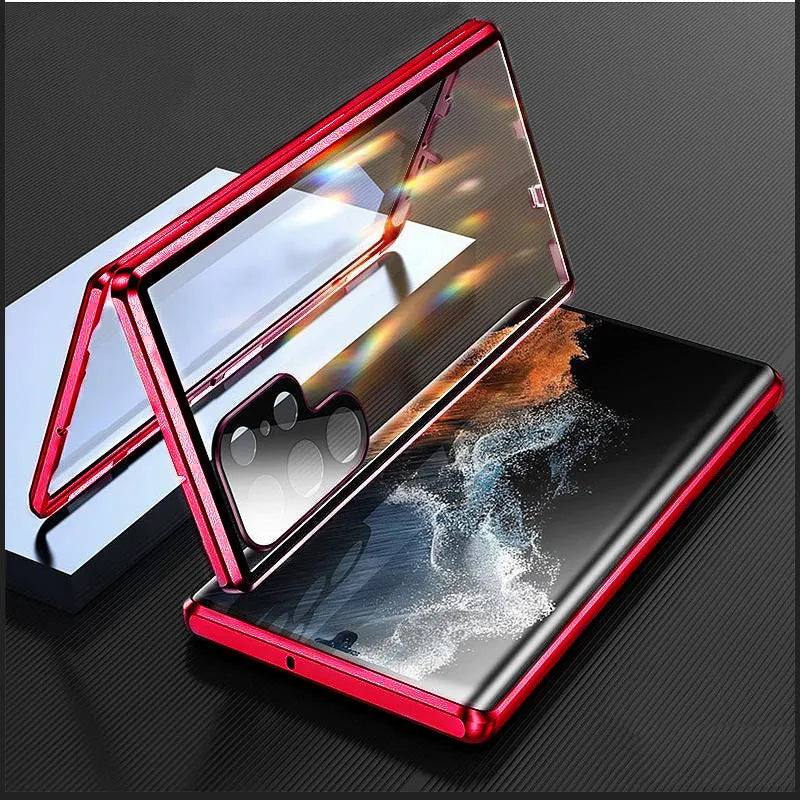 Magnetic metal phone case for Samsung S26, S25, S23, S24 by Corporación Turística, shown on a smartphone with a sleek design.