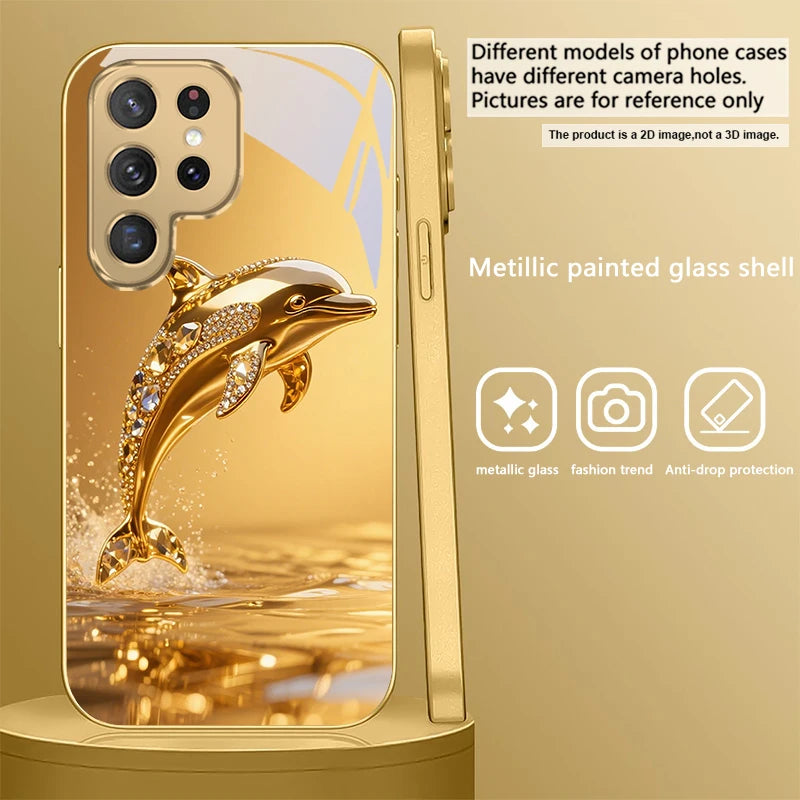 Golden dolphin phone case for Samsung Galaxy S20 FE, S21 Plus, S22, and S23 by Corporación Turística, featuring a detailed dolphin design.