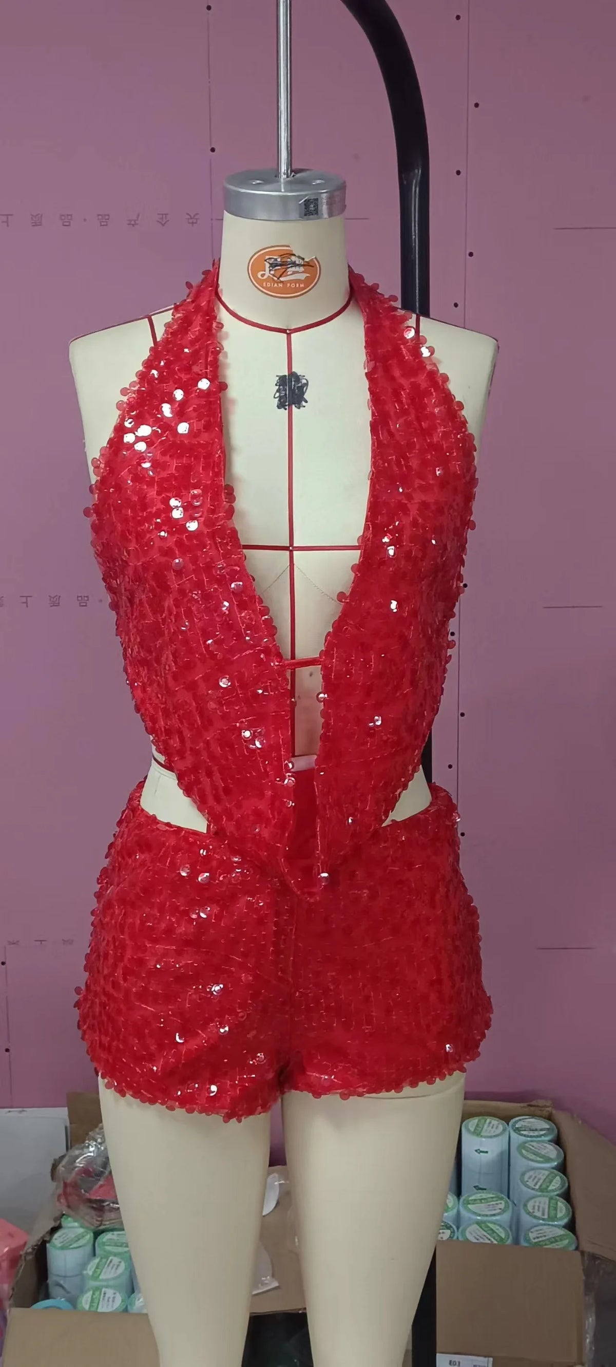 Two-piece sexy sequin outfit with sleeveless top and matching bottoms, perfect for stylish, glamorous occasions.