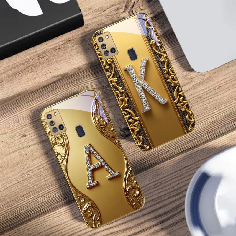 Gold crystal phone case with diamond accents for Samsung Galaxy S9, featuring a luxurious and elegant design.