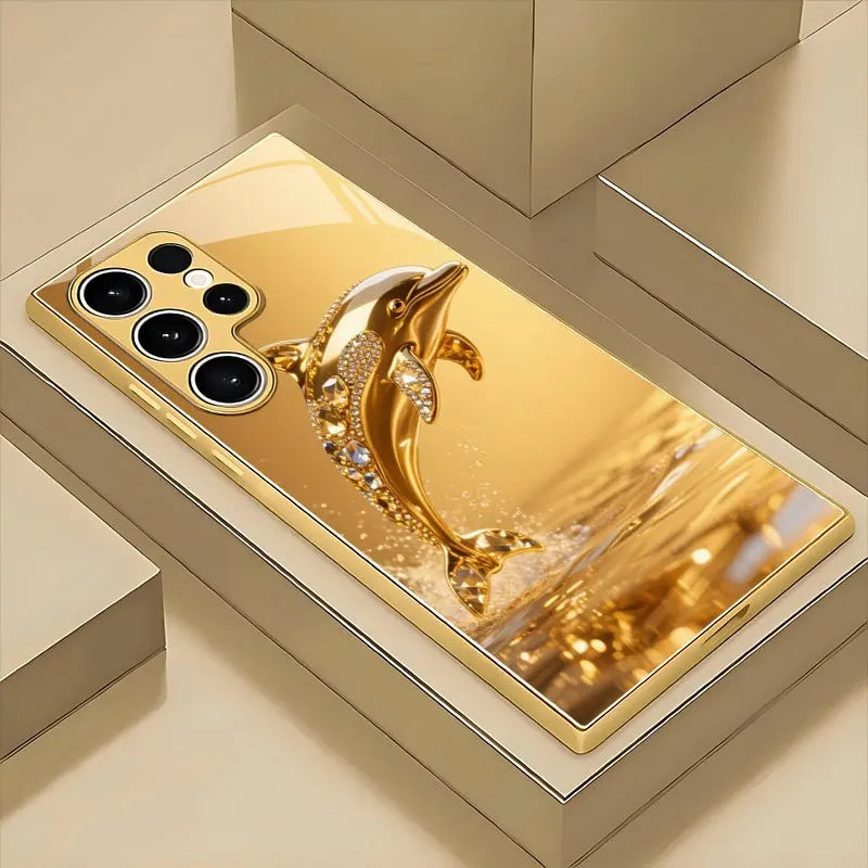Silver glass dolphin pattern phone case for smartphone, featuring a sleek design and durable protection.