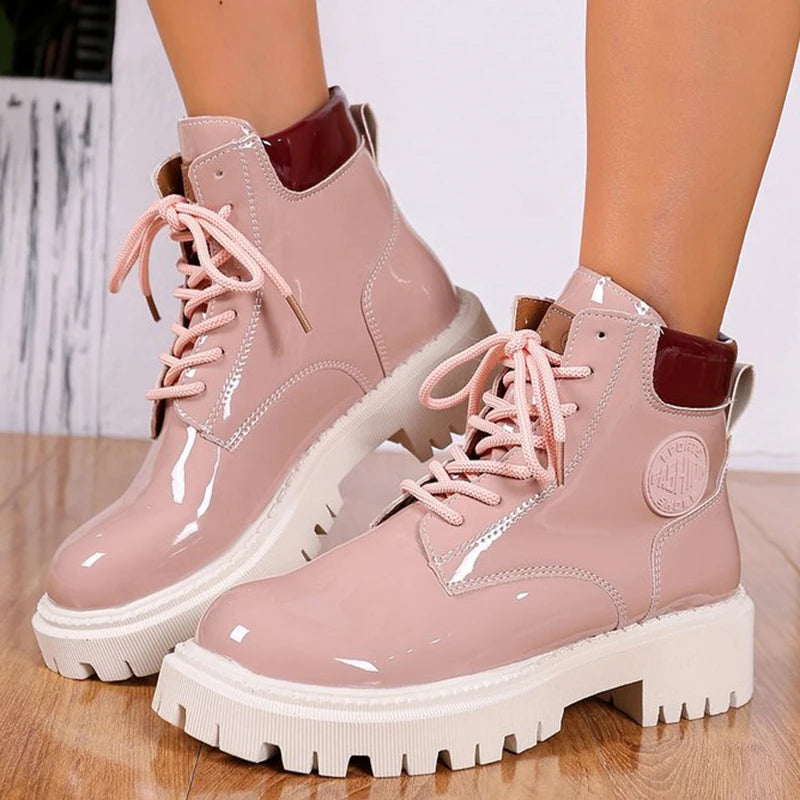 Botas de charol con cordones para mujer, botas de punta r...