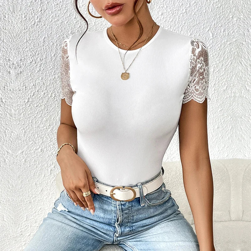 Body de encaje sexy de manga corta para mujer, negro y bl...