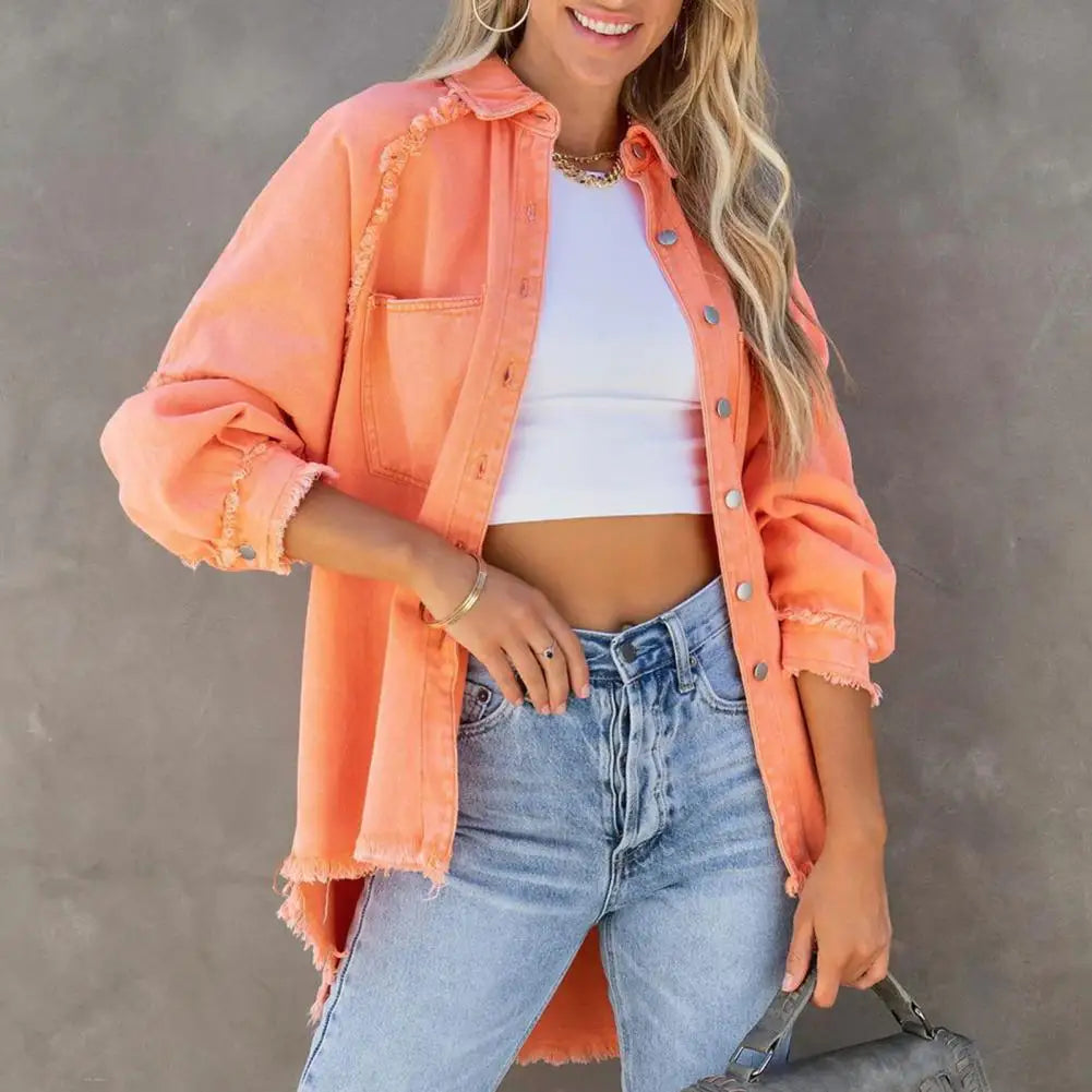 Large women's denim jacket by Corporación Turística, casual streetwear style, shown on a model with front view.