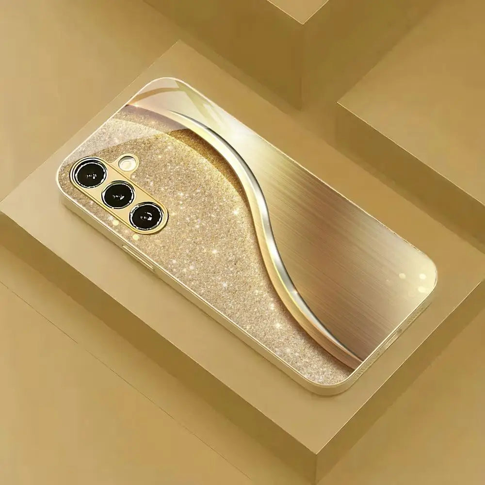 Gold-plated glass textured phone case by Corporación Turística, showcasing a shiny, stylish protective cover for smartphones.