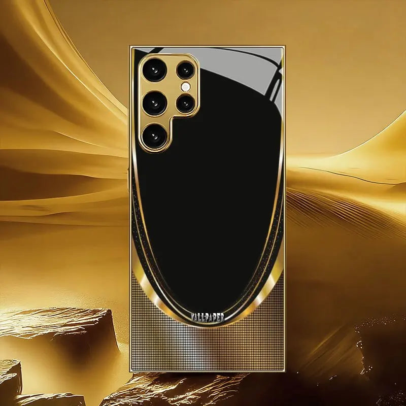 Gold-finish glass phone case by Corporación Turística, shiny and protective, designed for a sleek and stylish look.