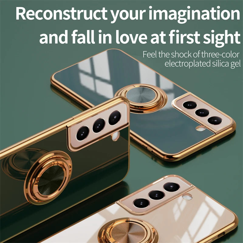Luxury gold-plated ring holder case for Samsung smartphones, featuring a built-in support ring and elegant design.