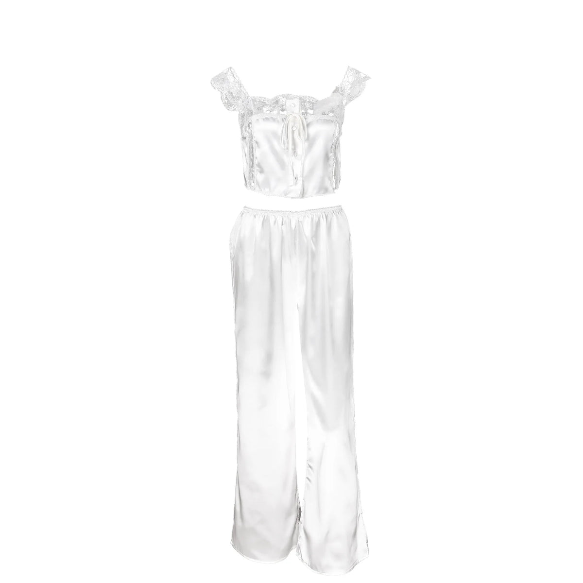Two-piece top and pants set by Corporación Turística featuring lace details, stylish and comfortable for casual wear.