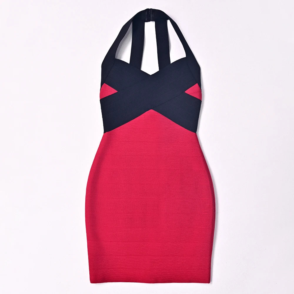 HQBORY-vestido Bandage Sexy rojo y negro con cuello Halte...