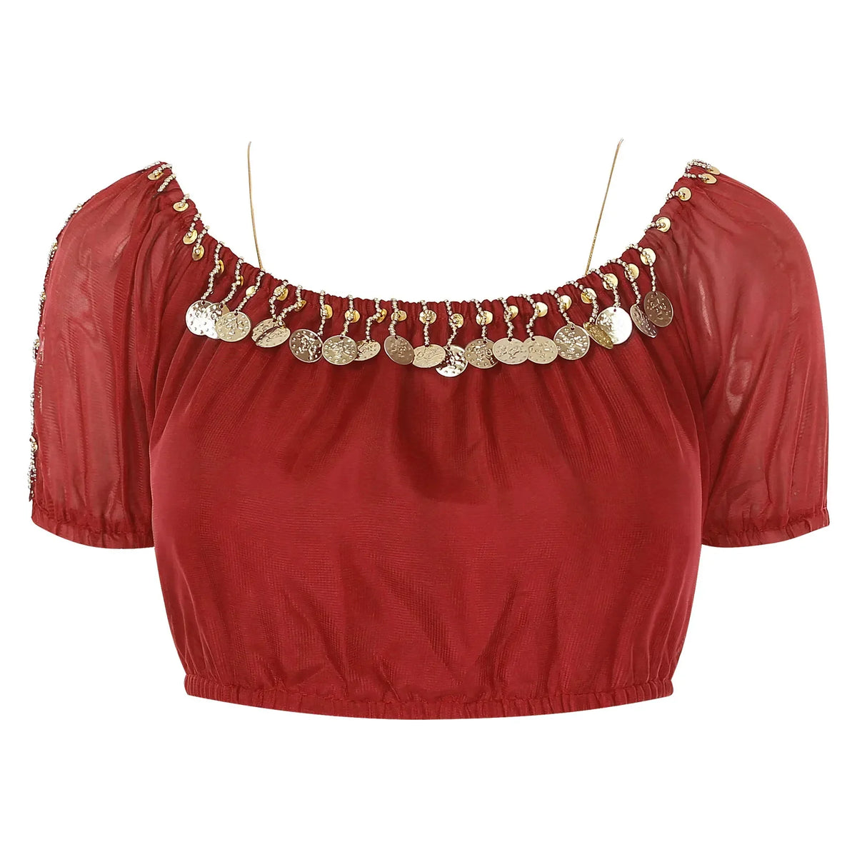Shimmering short sequin top for women with an oriental-inspired style, featuring vibrant, colorful embellishments and a fitted design.