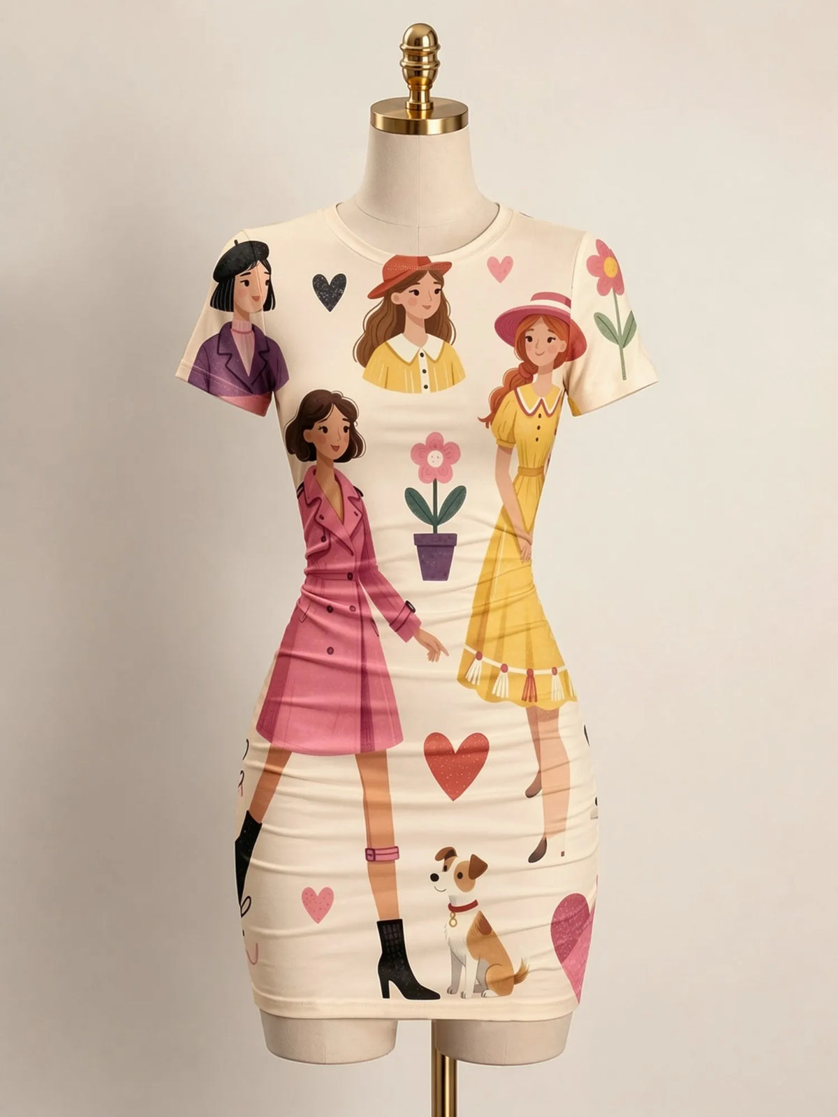 Mini fitted short-sleeve dress for women by Corporación Turística, featuring a high neckline and stylish design.