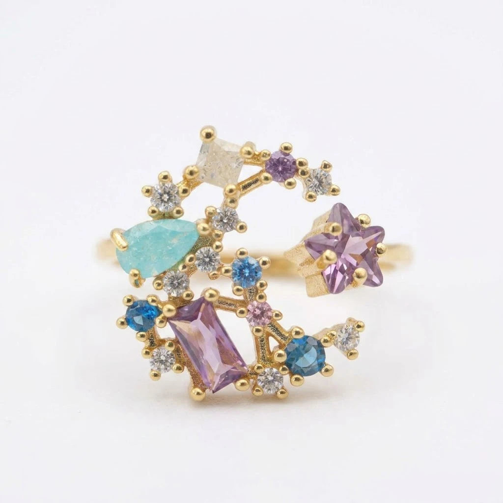 Anillo Flor Circon Colorido Ajustable Mujer Moda Vintage Regalo Joyería
