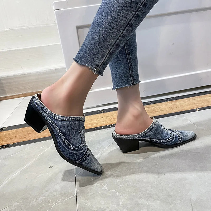 Zapatillas De mezclilla informales Sandalias De tacón alt...