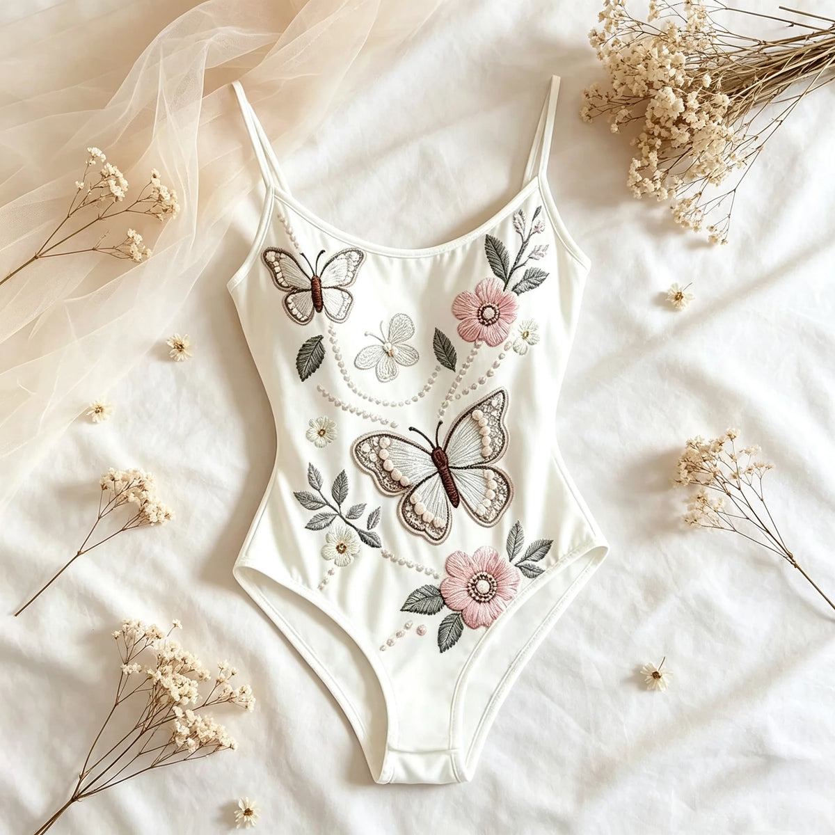 Elegant floral embroidered butterfly women's bodysuit by Corporación Turística, showcasing intricate embroidery and stylish fit.