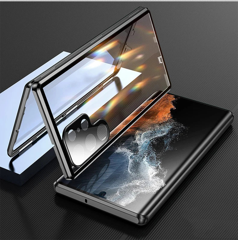 Magnetic metal phone case for Samsung S26, S25, S23, S24 by Corporación Turística, showing the sleek black design and magnetic closure.