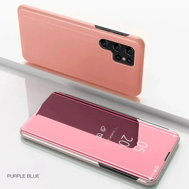 Leather flip phone case with mirror for Samsung smartphones, featuring a sleek, protective design by Corporación Turística.