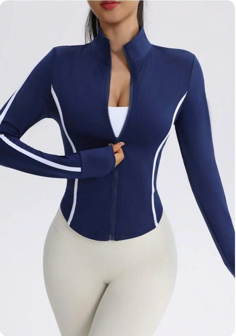 Chaqueta de yoga azul marino para mujer con costuras en c...