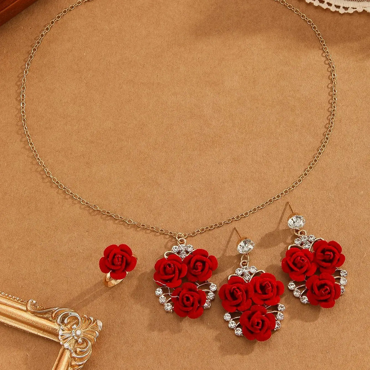 Set of four romantic red roses with charming floral details, perfect for romantic occasions or decor.