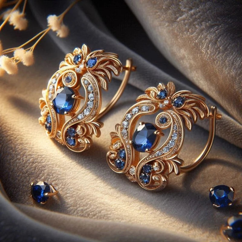 Elegant blue zirconia earrings with silver hooks, luxurious jewelry design by Corporación Turística, perfect for formal occasions.