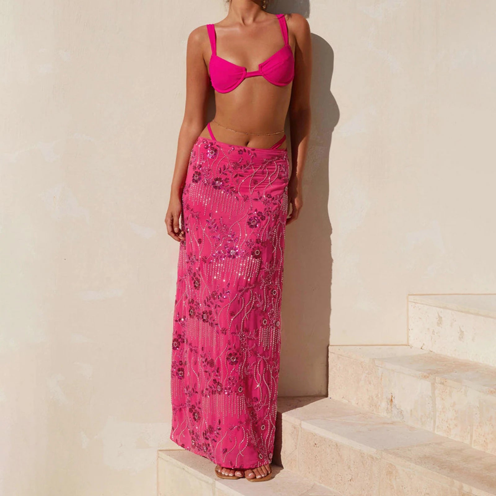 Falda larga elegante con lentejuelas y cuentas para mujer...