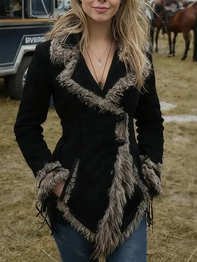 Abrigo de mujer de gamuza con cuello de piel, estilo occi...