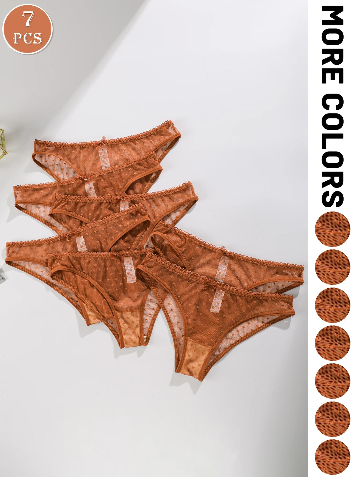 Seven simple, comfortable triangular panties in a pack, featuring soft fabric and a snug fit, from Corporación Turística.